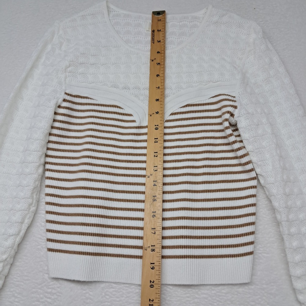 Anthropologie Maeve Sweater Womens Large White Tan Striped Pointelle Long Sleeve - Picture 9 of 10